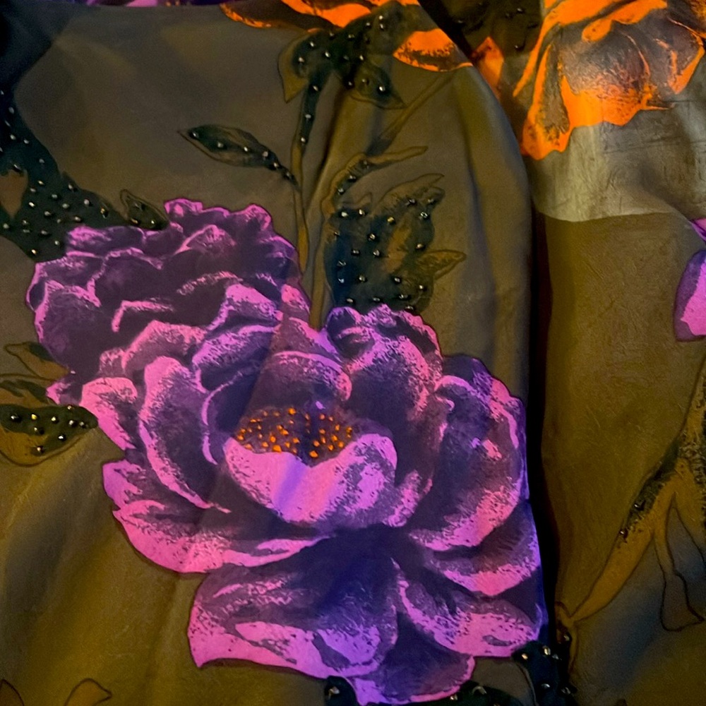 PARTY PARTY Gorgeous100% SilkSpenserJermy lightlyBeaded Purple&orangeFlowers.8💋